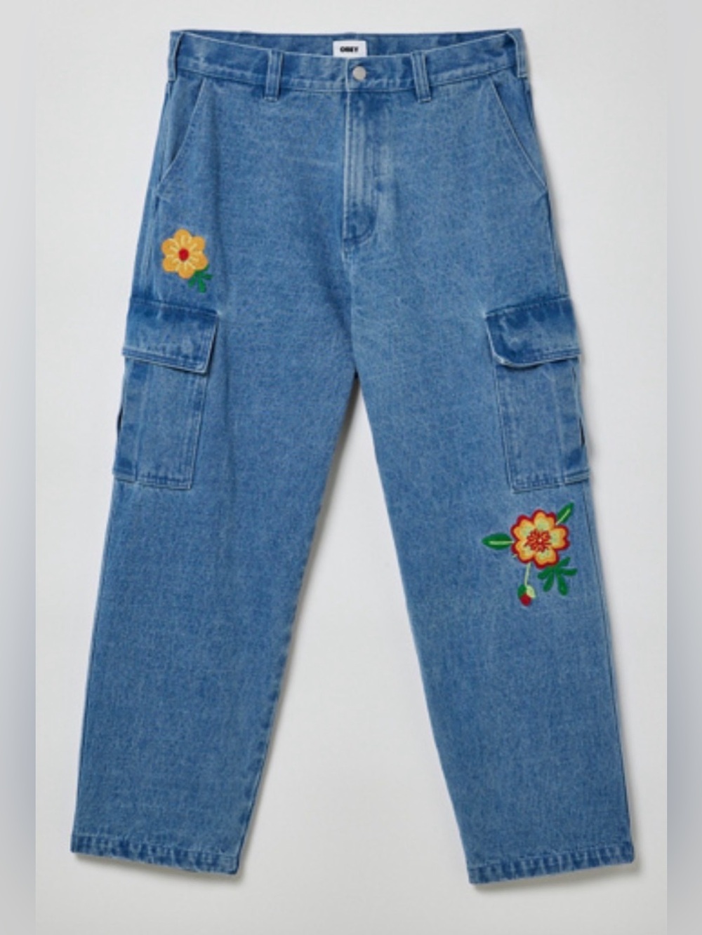 Obey Floral Embroidered Bigwig Cargo Jeans Medium Wash Wide Leg Size 30
